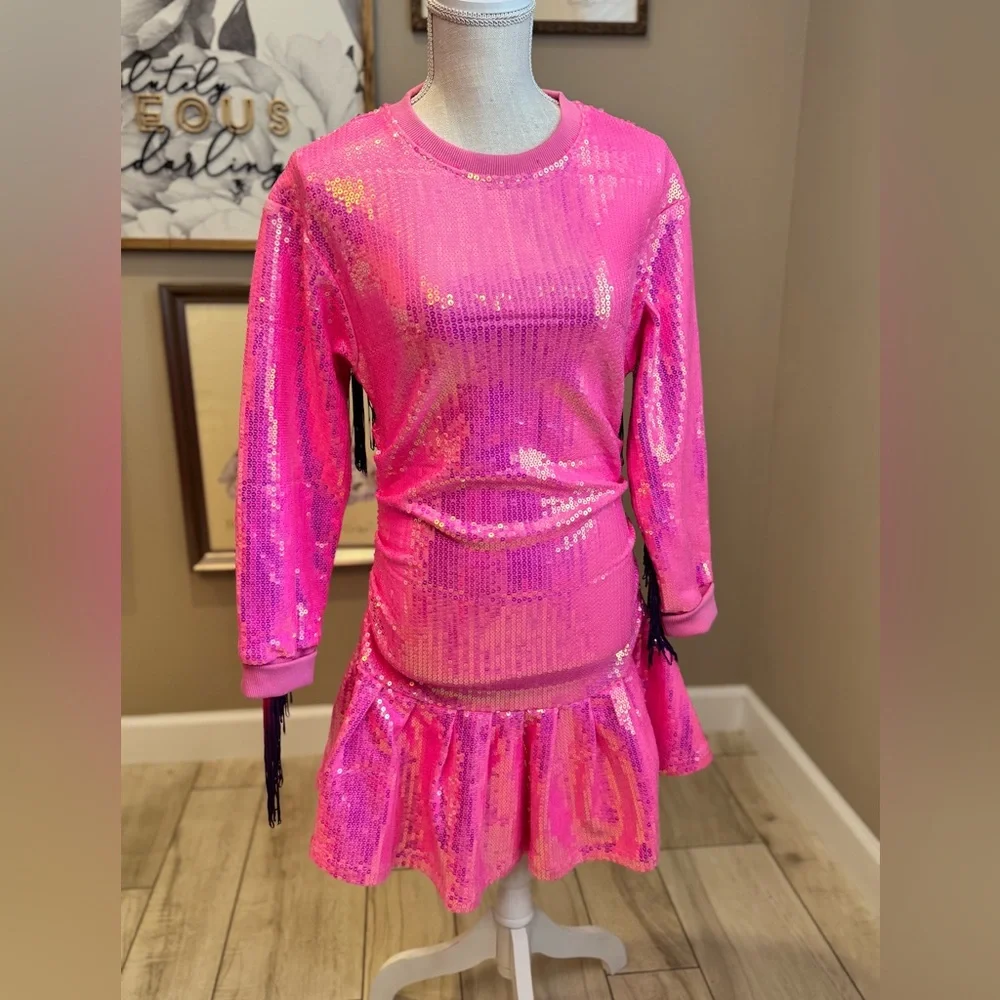New! QUEEN OF SPARKLES Pink Sequin Long Sleeve Fringe Back Dress